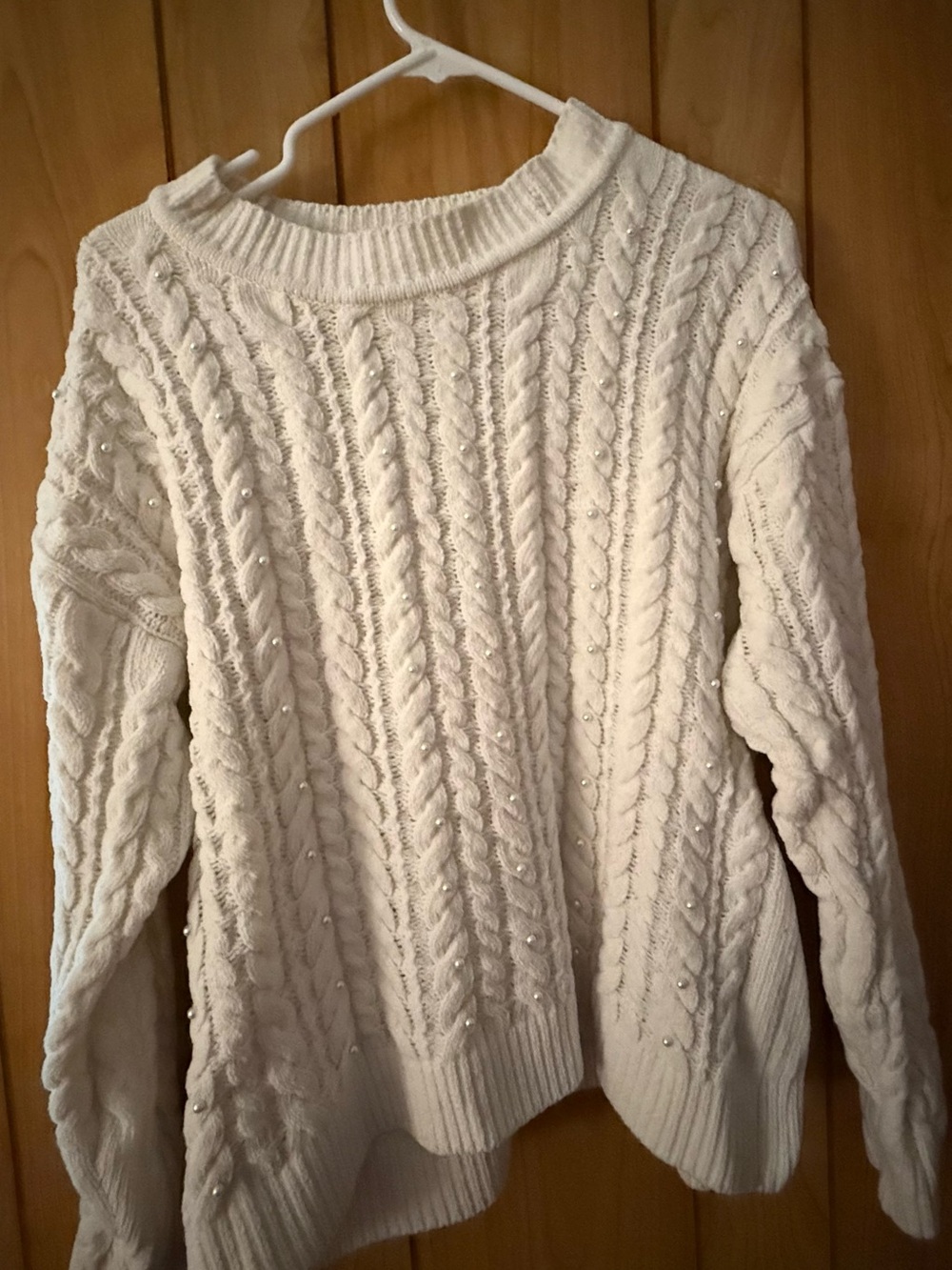 Women's Cream Cable Knit Sweater with Bead Accents